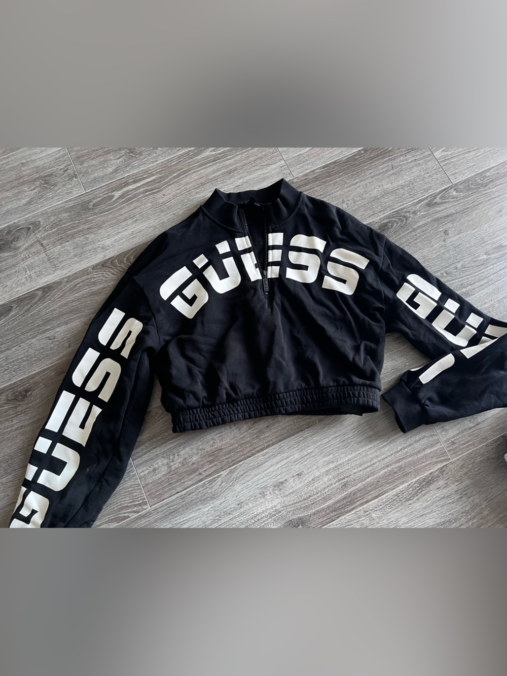 Guess Black Cropped Sweater with Bold White Logo